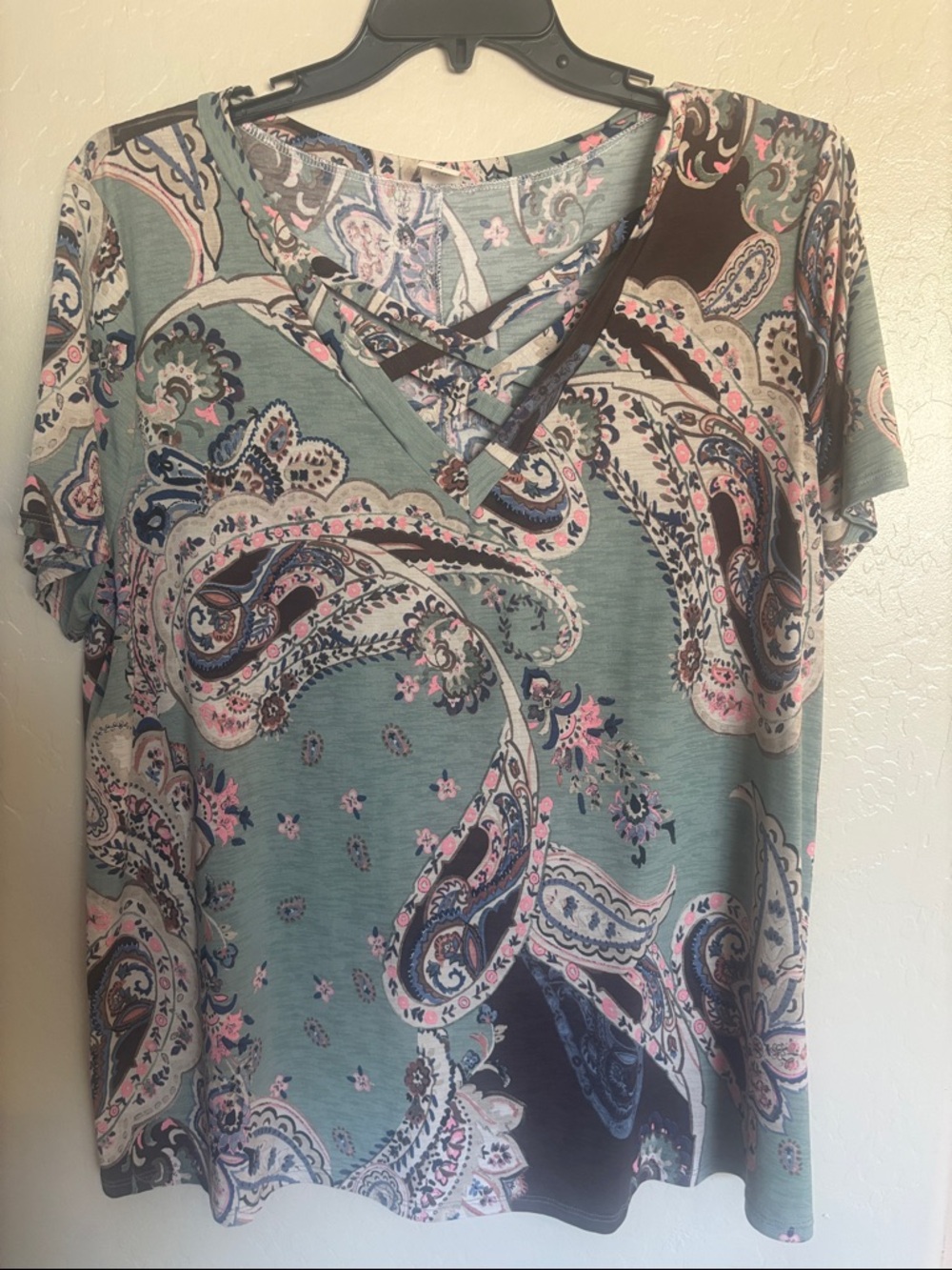 Sew In Love Sage Paisley Crisscross V-Neck Tee with Pink & Navy Accents